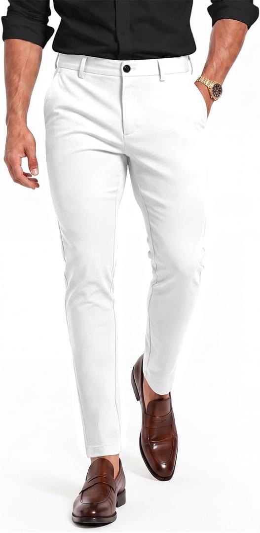 GINGTTO Mens Skinny Pants Tapered Leg Stretch Slim Fit Dress Pants for Men (White, XL)
