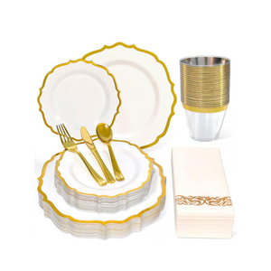 175 Plastic Dinnerware Set Gold Disposable Dinnerware Set for 25 Guests Include 50 Plastic Plates 25 Silverware Set 25 Cups and 25 Napkins for NewYear Party Wedding Birthday