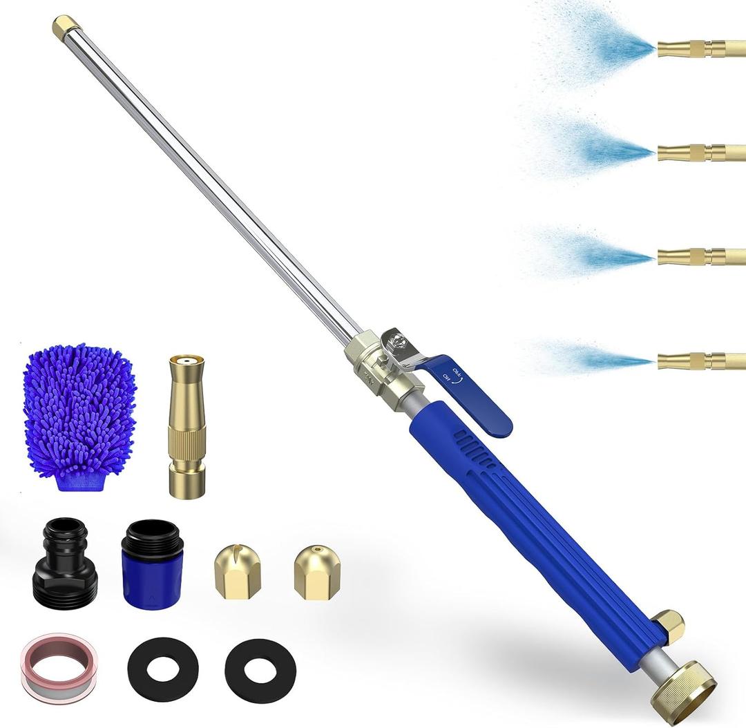 Buyplus Jet Nozzle High Pressure Hose Nozzle, 2-in-1 High Pressure Power Washer for House, Jet Nozzle for Garden Hose Power Washer Wand with 3 Different Tips, Quick Connectors and Gloves, 18 Inch Blue