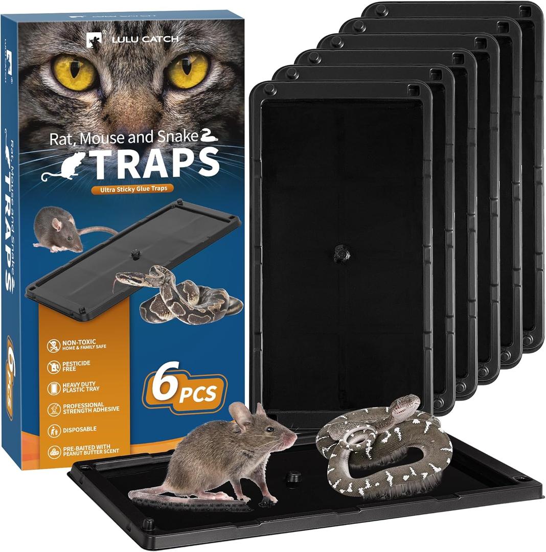 LULUCATCH Mouse Traps, 6 Pack Large Glue Traps Mouse Traps Indoor for Home, Pre-Baited Non-Toxic Bulk Glue Boards for Mice, Snakes, Rat, Lizard, Cockroach & Spiders, Pet Safe, Easy to Use (Black)