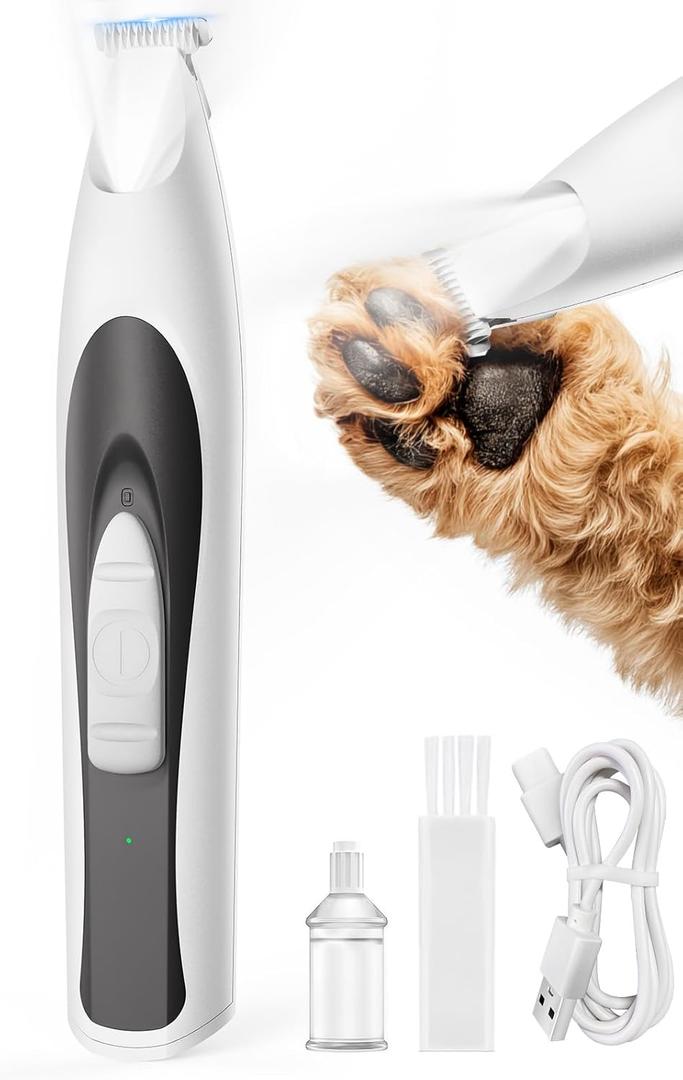 Oneisall Low-Noise Dog Paw Trimmer with LED Light, Paw Trimmer for Dogs &Cats 0.8inch/20mm Wide Blade, 35dB Cordless Electric Pet Paw Grooming Clippers for Paws, Ears, Face, Rump (White)