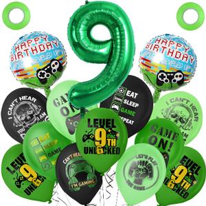 Green 9th Video Game Birthday Party Decoration Balloons Game on Party Supplies Set Include Happy Birthday Banner Foil Balloon Latex Balloon Ideal for Kids Boys Party Room Activities Decor