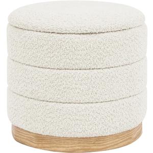 Round Storage Ottoman with Reversible Tray Lid, Folding Chenille Fabric Footrest with Hidden Storage, 15.4" Footstool for Small Spaces Living Room Bedroom, Wood Grain Base, Cream White, 15.4"D x 15.4"W x 14.6"H