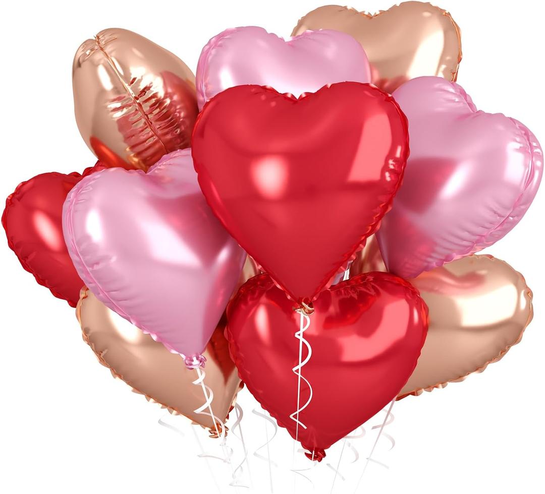 Rose Gold & Pink Heart Balloons - 10 Pcs 18 Inch Foil Heart Shaped Balloons for Girls Women - Red Light - Valentines Day, Birthday, Wedding, Baby Shower, Bridal Party Decorations