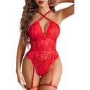 Avidlove Sexy Lace V Neck Teddy Corset Bodysuit Lingerie Top 2 Piece Set with Garter Belt, size S-M