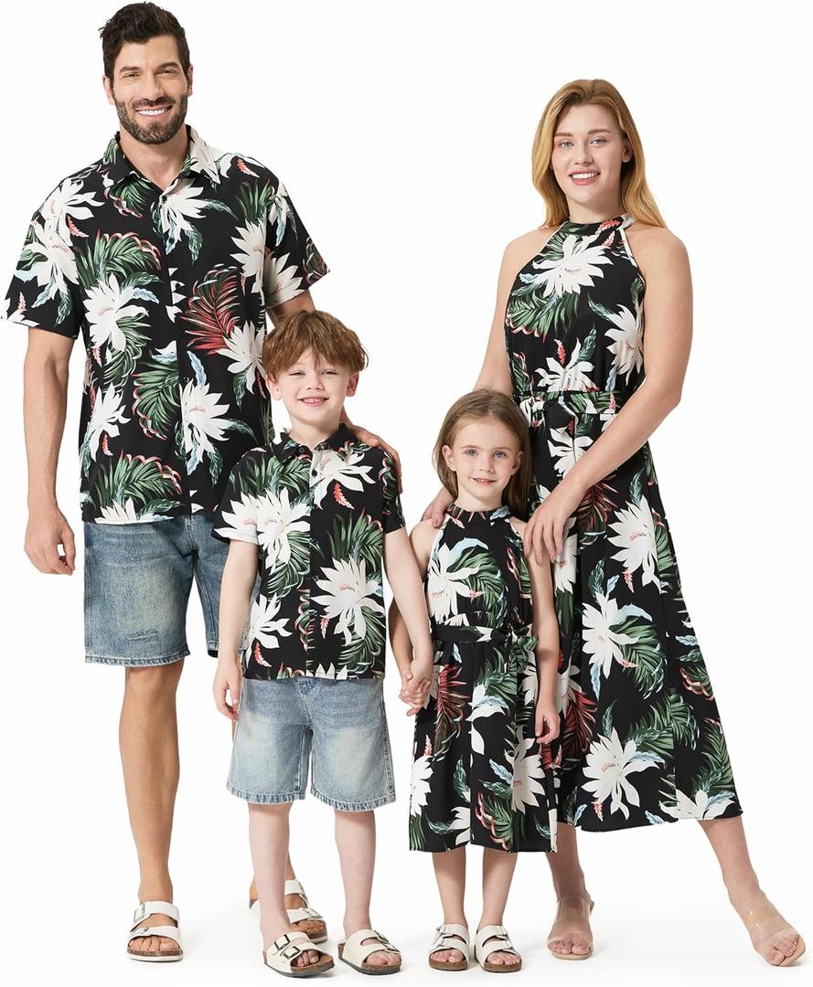PATPAT Family Hawaiian Matching Outfits Mommy and Me Outfits Caribbean Vacation Summer Tropical Halter Sundresses and Shirts (6-7 Years, Black Flower)