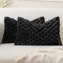 MIULEE Black Faux Fur Lumbar Decorative Throw Pillow Covers 12x20 Inch Set of 2 Super Soft Cozy Plush Cushion Cases Luxury Fluffy Pillowcases for Sofa Couch Bed Living Room