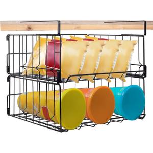 Hanging Under Shelf Storage Basket, 2 Pack Foldable Under Cabinet Metal Desk Storage Wire Rack Organizer for Kitchen Pantry Bookshelf Office Home, Easy to Install Slide-in Under Shelves (Black)