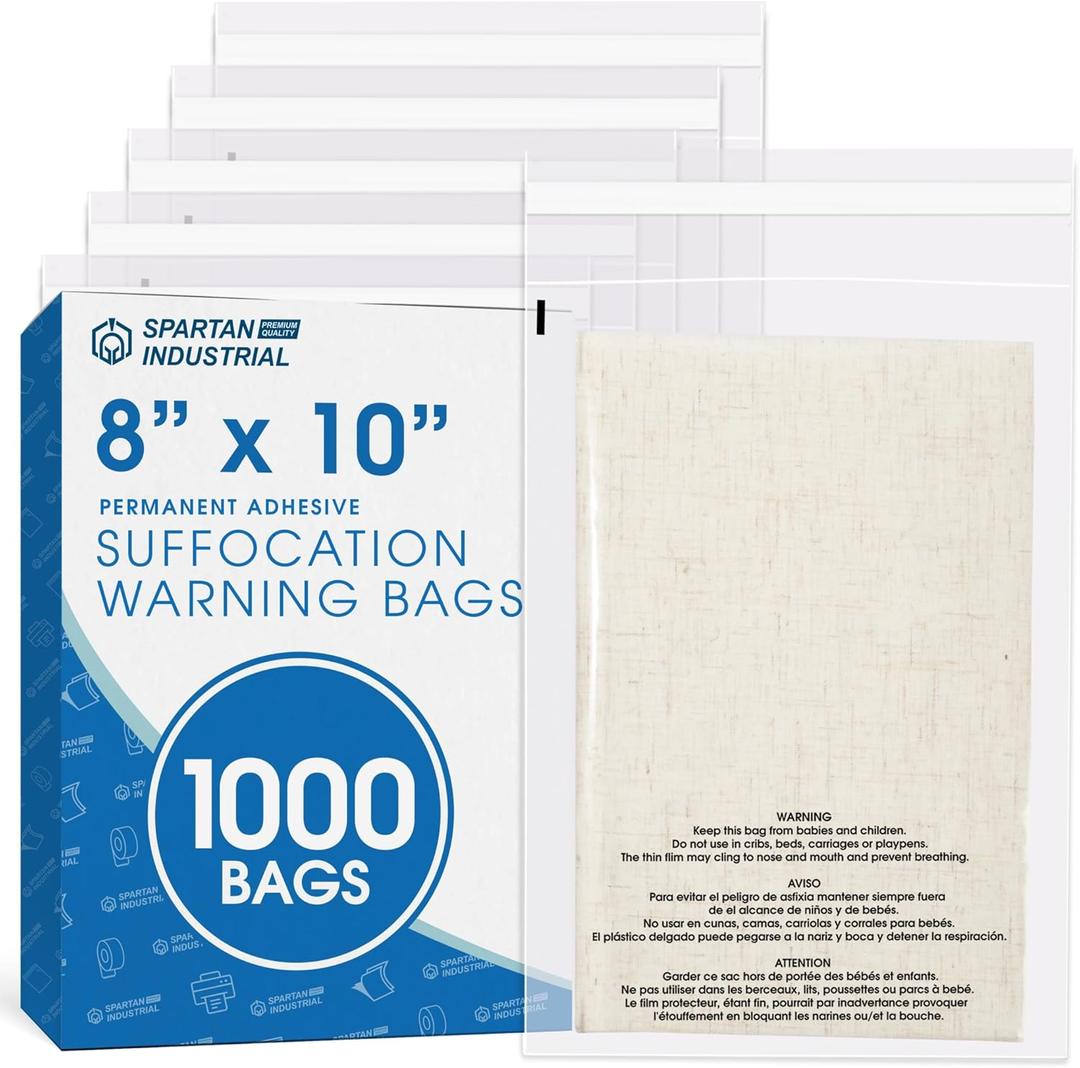Spartan Industrial - 8" X 10" (1000 Count) Self Seal Clear Poly Bags with Suffocation Warning - Permanent Adhesive