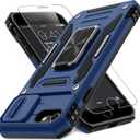 DEERLAMN Case for iPhone SE 2022/2020,for iPhone 8/7 with Slide Camera Cover + Screen Protector,Rotated Ring Kickstand Military Grade Shockproof Protective Cover 4.7 Inch-Navy Blue