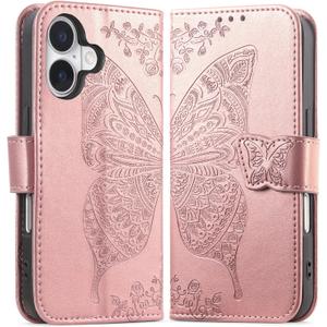 for iPhone 16 Wallet Case with Card Holder, Butterfly Flower Embossed PU Leather Kickstand Card Slots Cover Flip Case for iPhone16 6.1 Inch (Rose Gold)