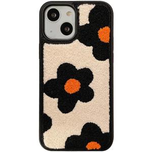 Creative Flower Case for iPhone 15 Cute Design,Embroidery Floral Case for iPhone 15 Kawaii Fluffy Back,Fashion Slim Girly Case Protective Cover for iPhone 15 6.1inch 2023(Orange Flower)