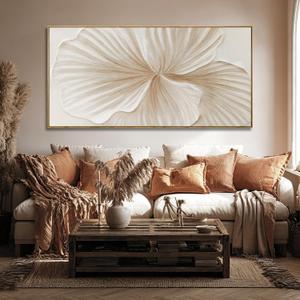 Framed White Abstract Floral Canvas Wall Art for Living Room 24x48 Inch, White and gold