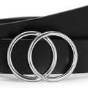 SUOSDEY Women Leather Belt Fashion Double O-Ring Soft Faux Leather Waist Belts For Jeans Dress D-black/Silver Removable Buckle Size: M: 29''-34''