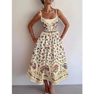 Women's Boho Floral Print Spaghetti Strap Pocket Midi Dress Casual Summer Dress, Size M