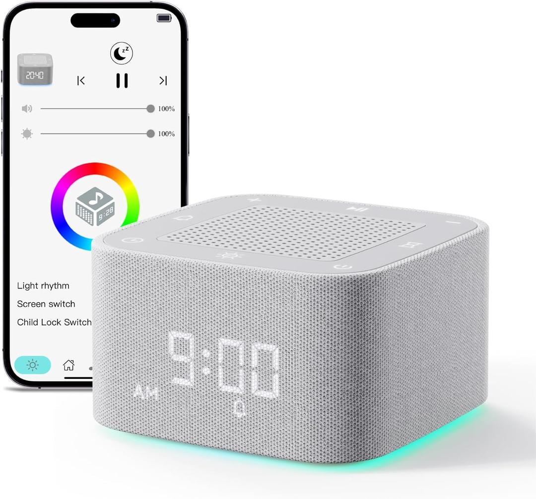 Sound Machine Alarm Clock, 32 Soothing Sounds, Night Lights Bluetooth Speaker, App Control White Noise Machine with Dimmable Clock, Noise Machine for Baby, Kids, Teens, Adult, Best Birthday Gift Ideas (grey)