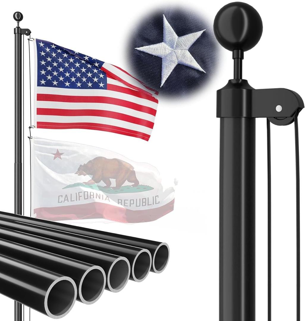 Heavy Duty 20 FT Flag Pole, 95HBW Hard Aerospace Aluminum, Unbending 100MPH Wind Resistance, In-Ground Flagpole Kit for Outside House (Black)