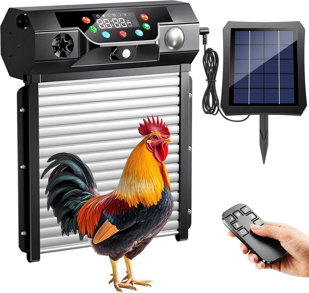 Automatic Chicken Coop Door Solar Powered, Roll-Up Auto Chicken Door Opener with Light Sensor, Timer & Remote Control, Large 9.45" x 10" Opening, Anti-Pinch Safety, Aluminum Weatherproof for Chickens