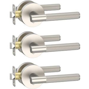 Amerdeco 3 Pack Brushed Satin Nickel Door Handles Interior, Knurled Privacy Door Handles,Heavy Duty Black Door Lever for Bedroom or Bathroom,Reversible Keyless for Left Right Handed Doors AM0016