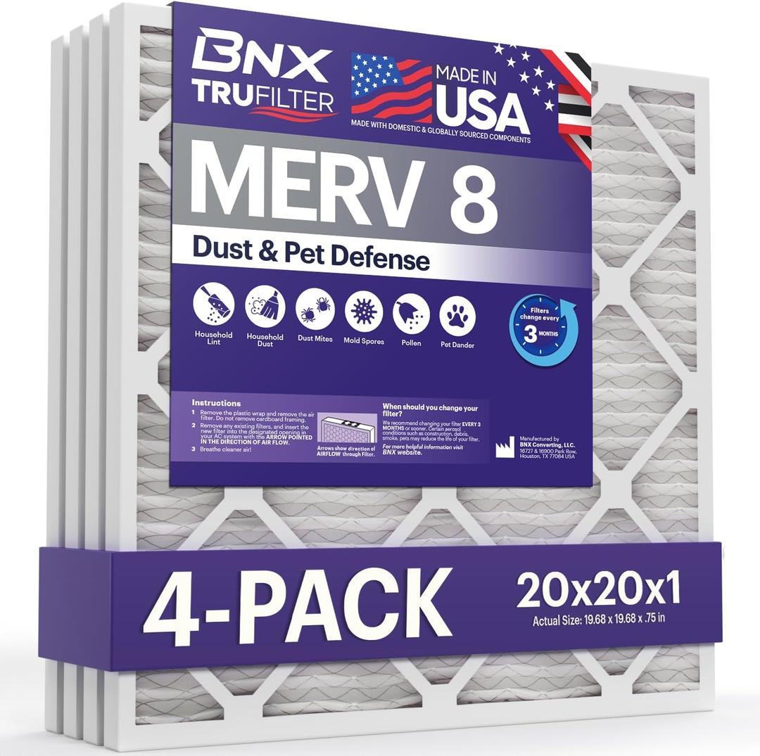 BNX TruFilter 20x20x1 Air Filter MERV 8 (4 Pack) - MADE IN USA – Dust & Pet Defense Electrostatic Pleated Air Conditioner HVAC AC Furnace Filters for Dust, Pet, Mold, Pollen MPR 600 – 700 & FPR 5