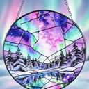 Stained Glass Window Hanging Suncatchers with Aurora Borealis 12.6", Winter Landscape Glass Panel with Metal Chain for Home Decor Gift for Women Mother's Day, Birthday, Men, and Mom