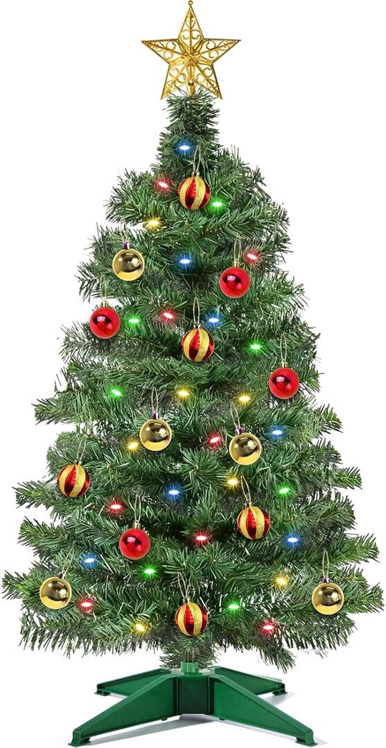 [ Timer & 12 Modes ] 3 Ft Green PVC Christmas Tree with 50 Multi Color Lights DIY 15 Ball Ornaments 3D Star Small Artificial Xmas Tree for Indoor Holiday Party Decorations