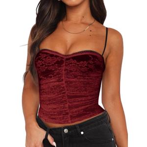 Women Sexy Y2k Double Lined Shelf Bra Tank Top Dressy Crop Corset Camisole Top with Built in Bra for Date Night Club (Large, Lace-red)