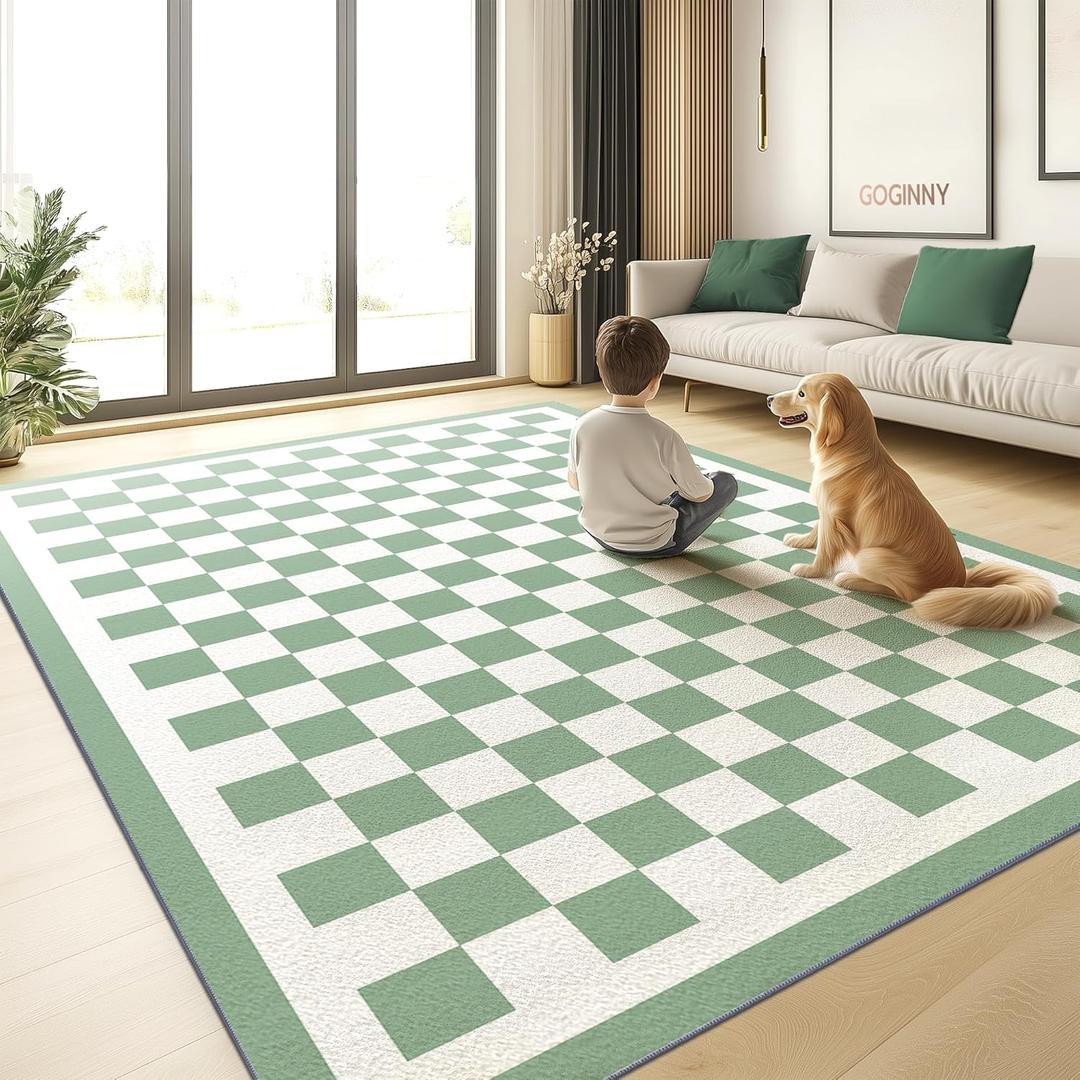 Washable 8x10 Checkered Area Rug for Living Room, Sage Green Checkerboard Modern Boho Large Rugs, Ultra Thin Low Pile Lightweight Indoor Carpet with Non-Slip Backing for Bedroom Kids Nursery Playroom