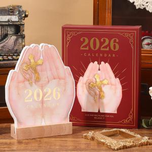 Desk Calendar 2026 Christian Hand Shape,Wooden Base Flip Calendar with 12 Monthly Bible Verses, Inspirational Gift for Home, Office Desk Decor, Scripture Study for Believers