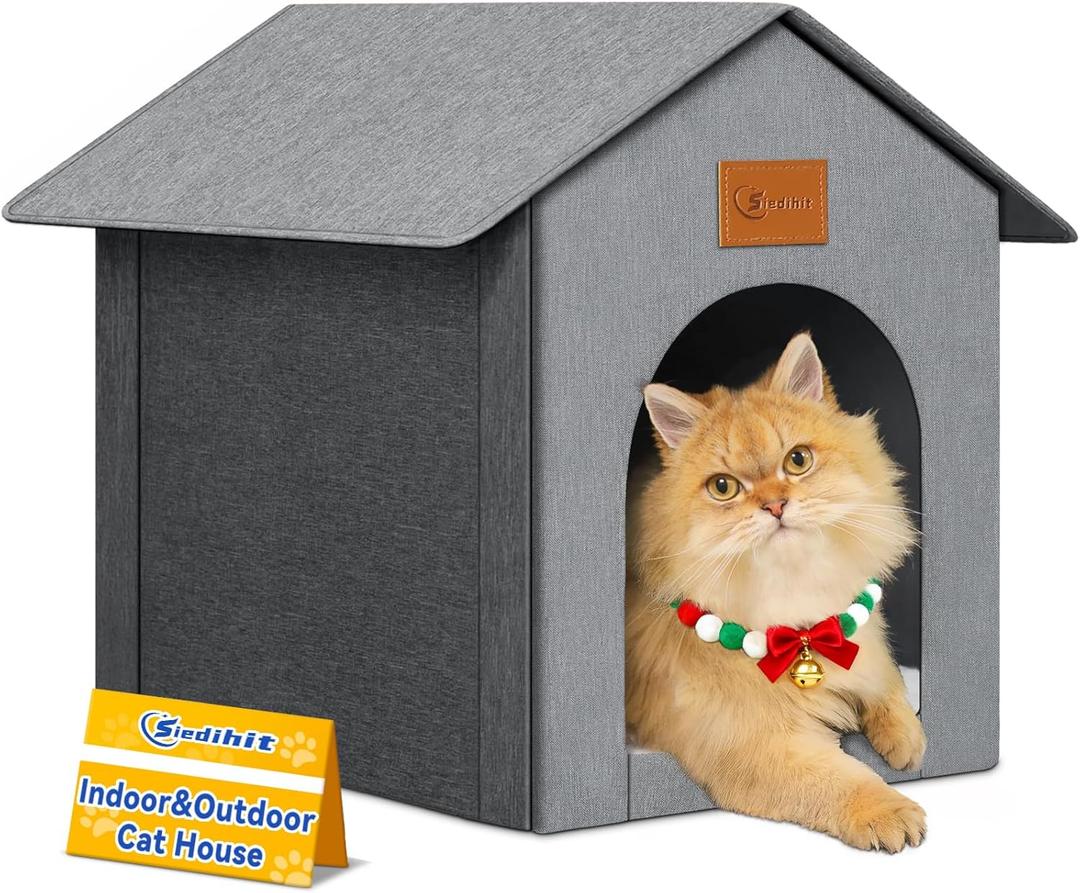 Outdoor Cat House, Cat Shelter Feral Pet Outside Waterproof Cat House for Outdoor/Indoor Cats, Insulated Cat Bed for All Seasons with Cozy Cushion, Easy to Assemble, Grey