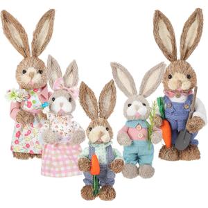Kathfly Set of 5 Sisal Easter Bunny Decoration 13.8" 9.8" Natural Easter Straw Decorations Bunny Figurines Rabbits Tabletop Statues Standing Set for Office Farmhouse Spring Home Farmhouse Table Decors