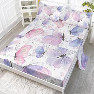 Kids Butterfly Sheet Set - 4 Pcs, Twin Size, 1 Flat + 1 Fitted Sheet + 2 Pillowcases (Twin 67x97 inches)