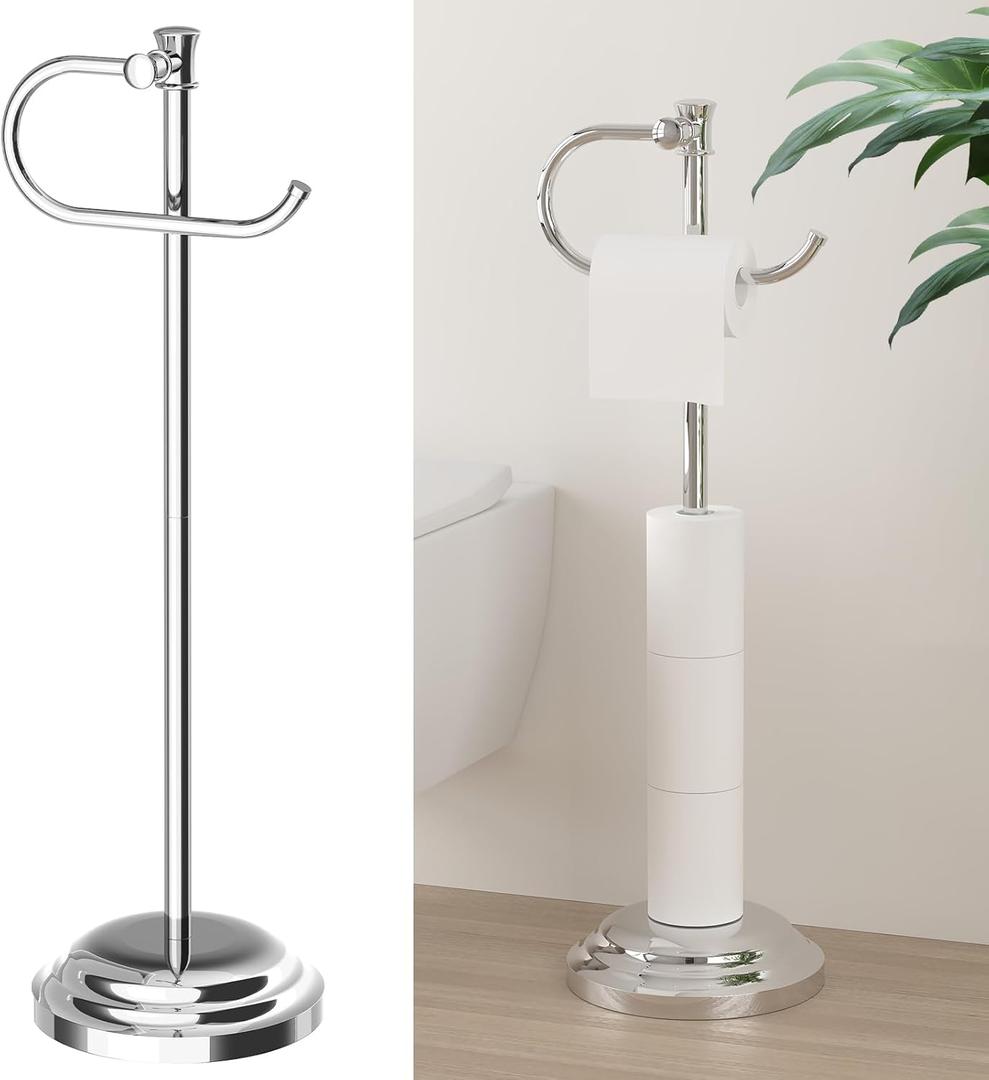 Hoimpro 25" Toilet Paper Holder Free Standing, Floor Bathroom Toilet Paper Tissue Roll Holder with Shelf Storage Stand for 4 Rolls, Freestanding Handle Hardware Accessories Rack Polished Chrome