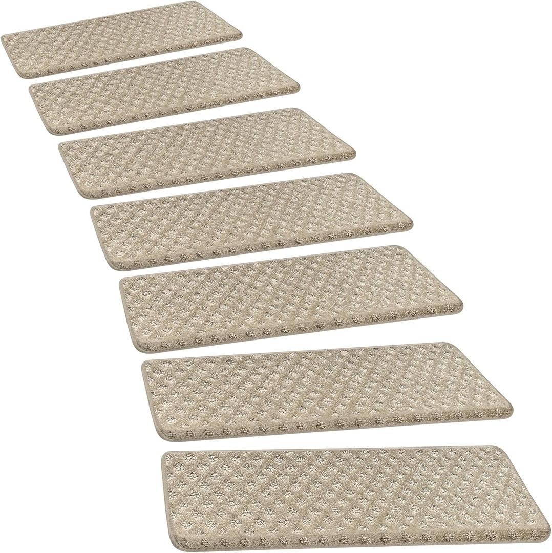 PURE ERA Bullnose Carpet Stair Treads Tape Free Non-Slip Indoor Stair Protectors Pet Friendly Stair Treads for Wooden Steps 9.5" x 30"(14 Pieces, Cream Gray Mini-Diamond Trellis)