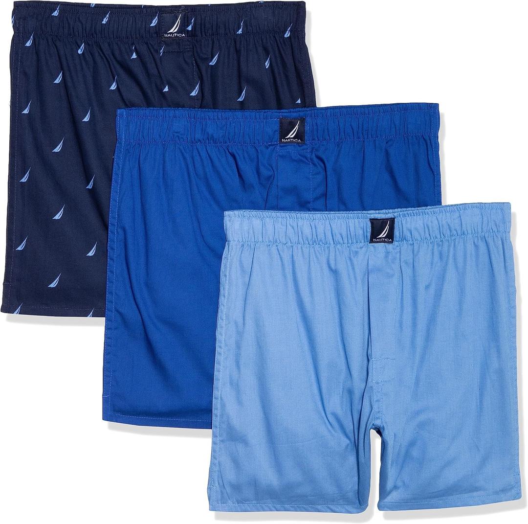 Nautica Men's Classic Cotton 3-Pack Woven Boxers (Blue, XL)