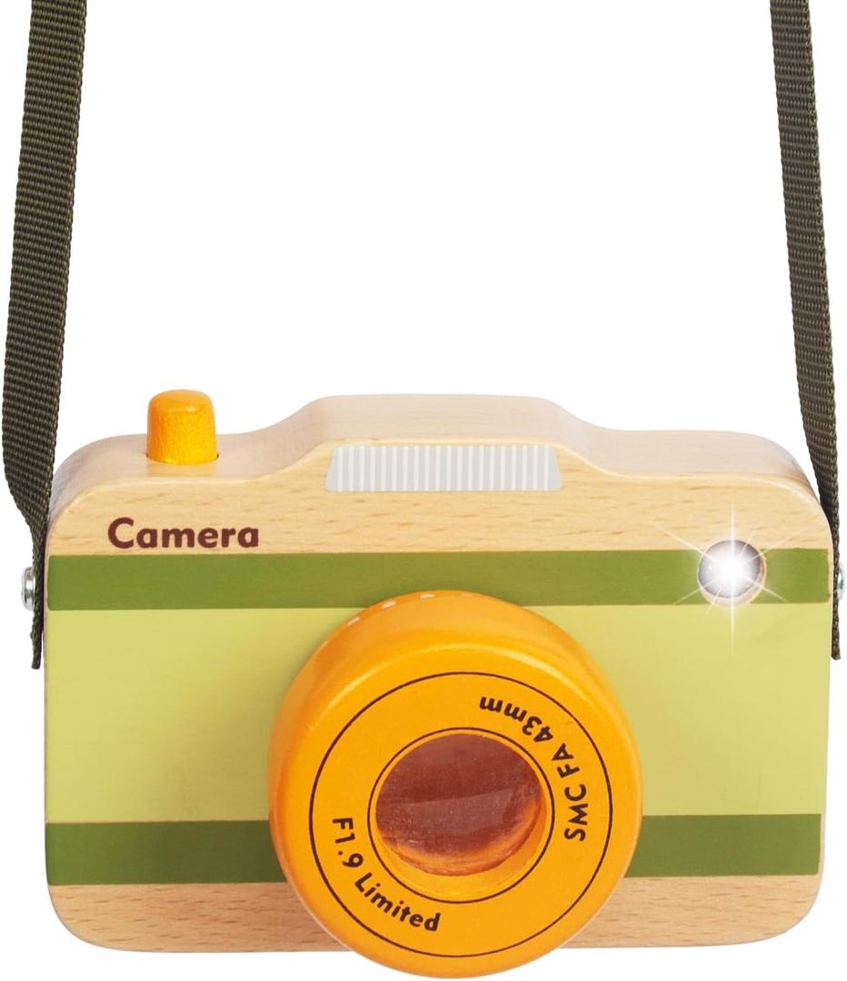 Wooden Mini Pretend Camera Toy with Real Sounds and Light for Toddlers 1 2 3 Years Old, Neck Hanging Photographed Props for Boys Girls Children Kids