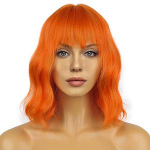 Wavy Wig With Bangs Women's Short Orange Wigs Curly Wavy Bob Synthetic Cosplay Wig for Girls Daily Use Halloween Wigs(12" Orange)