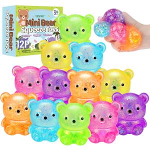 12Pack Fidget Toys Squishy Cute Bear Squeeze Ball , Stress Balls for Stress Relief, Pull Stretch Classroom Prize Party Favors Toys for Kids
