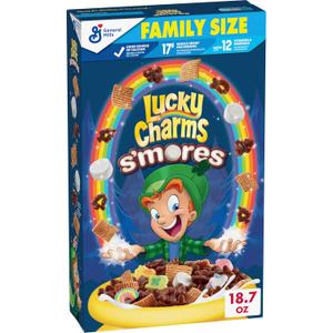 Lucky Charms Smores Breakfast Cereal with Marshmallows, Family Size, 18 OZ, BB Date: 11/26/2025