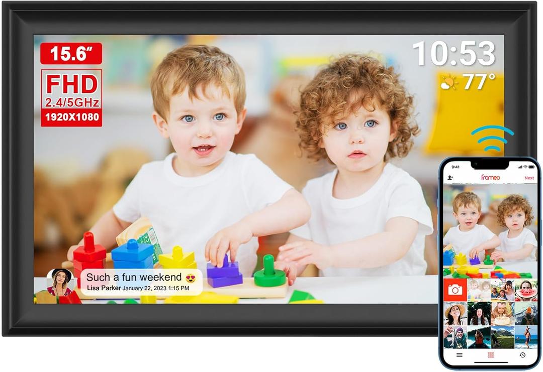 15.6inch FRAMEO Digital Photo Frame with 1920x1080 FHD IPS LCD Touch Screen, Dual-WiFi Share Photos & Videos Via Frameo App, Support USB Drive/SD Card Extend Storage, Auto-Rotate
