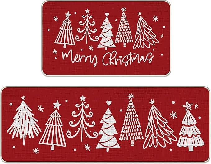 Tailus Merry Christmas Tree Red Kitchen Rugs Set of 2, Xmas Pine Trees Snowflake Floor Mats Decor, Winter Holiday Door Mat Home Decorations  17x29 and 17x47 Inches