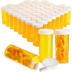 Juvale Pill Bottles with Caps - 50 Pack, 8 Dram, Orange Plastic - Empty Pill Bottles & Vials for Travel & Medical Party Decorations