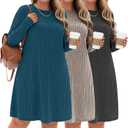 3 Pack Women's Plus Size Sweater Tunic Dresses, Long Sleeve Crew Neck Knit Dresses Loose Fit for Casual Fall Winter (XX-Large, Carbon Black, Light Coffee, Peacock Blue)