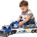 Police Semi Trailer Truck Toy, Large Flatbed Truck Carrier with Police Car and Helicopter, Lights and Sounds, Birthday for Kids Boys Age 3 4 5 6+