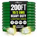 200ft Outdoor/Indoor Extension Cord 10/3 Gauge Ultra Heavy Duty 3 Prong SJTW, Waterproof, Flexible Cold-Resistant Long Power Cord,10A 125V 1250W, Green by LifeSupplyUSA