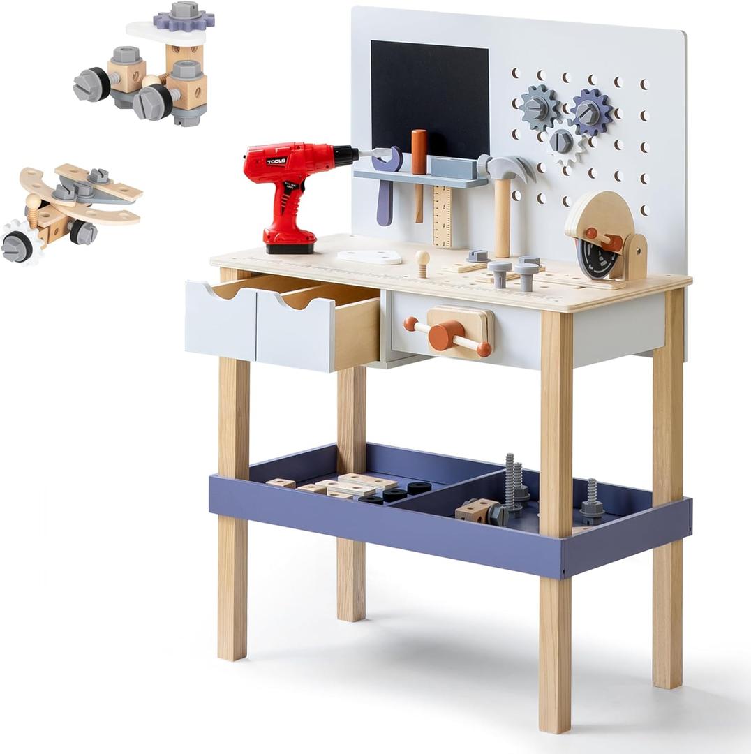 Wooden Kids Tool Bench with Electric Drill, Toddler Tool Bench with Storage Drawers and Platform, Toy Workbench Workshop with Play Tools Set for Boys and Girls, Perfect for Ages 3+