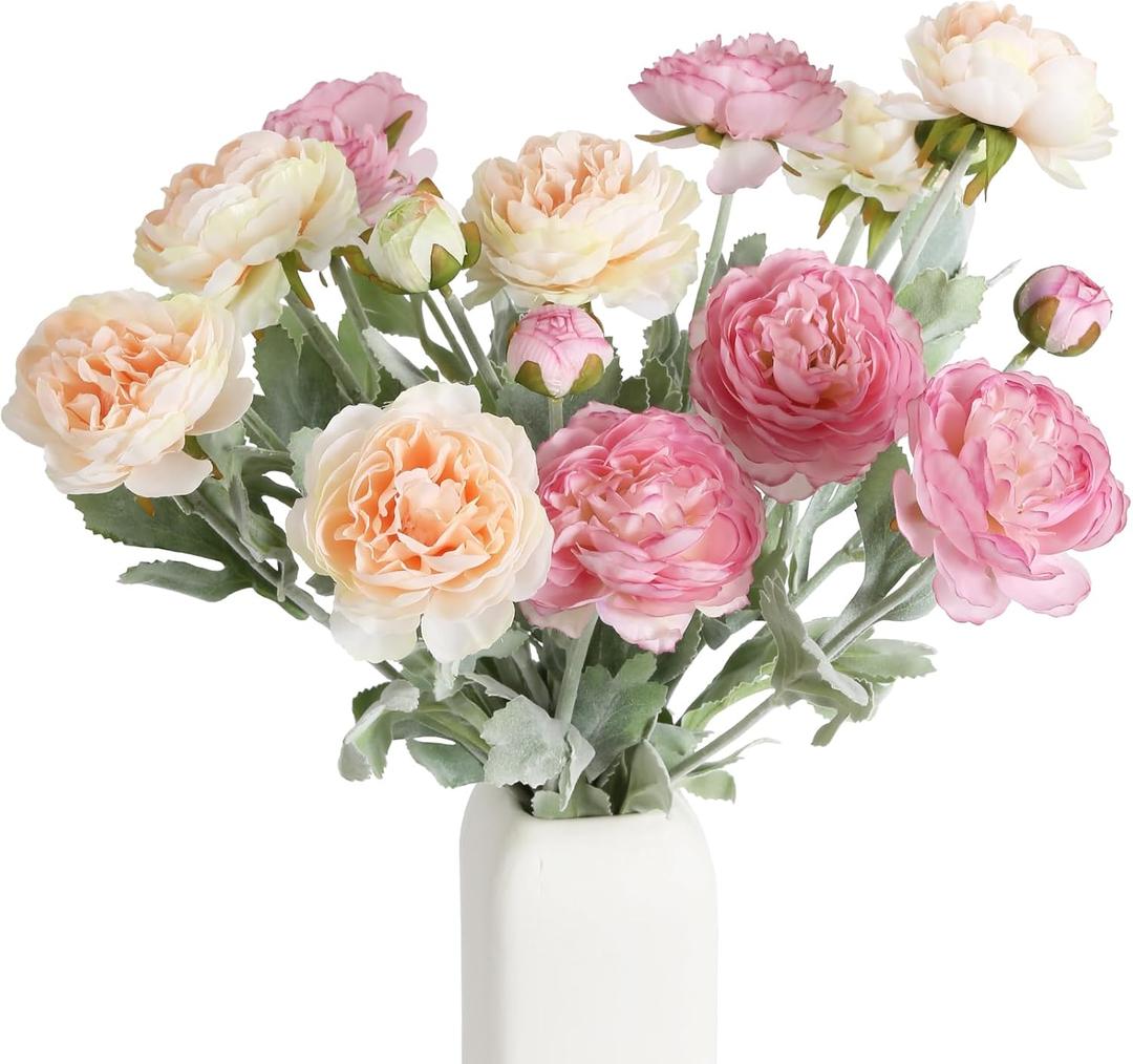 IPOPU Artificial Peonies 6pcs Ranunculus Silk Flowers 18Heads Pink Flowers Combo Champagne Fake Flowers 20.47" Faux Floral Arrangements Wedding Decorations for Home Kitchen (Champagne&Pink)