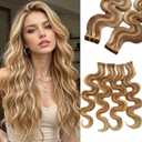 Tape in Hair Extensions Human Hair Balayage Blonde Curly Wavy Tape in Extensions Strawberry Blonde Highlighted 613 Blonde 16 Inch Seamless Invisible Skin Weft 30G for Wedding 20Pcs