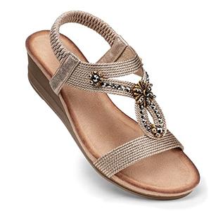 SHIBEVER Womens Wedge Sandals Flower Low Heel Dressy Sandals Elastic Ankle Strap Rhinestone Summer Comfortable Shoes Champagne Size 7
