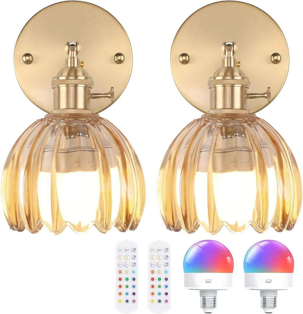 Vintage Battery Operated Wall Sconce with Cute Amber Tulip Glass Lampshade Wireless Rechargeable Battery Powered Wall Light with Remote Control for Bedside Bedroom Doorway, Set of 2